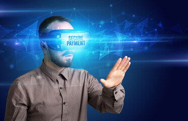 Businessman looking through Virtual Reality glasses, virtual security concept