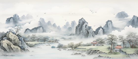 Beautiful watercolor painting of traditional Chinese hill scenery landscape. - 764670896