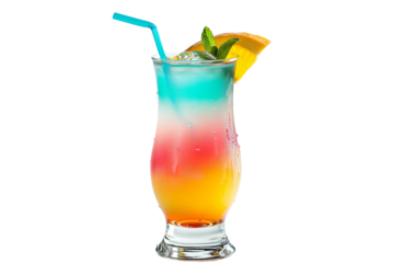 glass with cold colorful summer cocktail with ice and fruits. Refreshing summer drink on a transparent background. PNG.