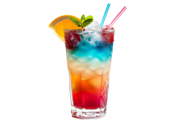 glass with cold colorful summer cocktail with ice and fruits. Refreshing summer drink on a transparent background. PNG.