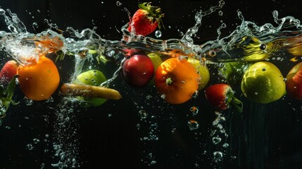Splashing fruit on water. Fresh Fruit and Vegetables being shot as they submerged under water.
