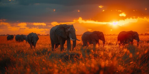 A herd of African elephants grazes under an orange sky in the savannah. - obrazy, fototapety, plakaty