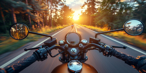 A motorcycle rides on an asphalt road, symbolizing freedom and adventure in the sun.