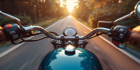 A thrilling ride on the open road where the motorcyclist enjoys freedom and adventure. - obrazy, fototapety, plakaty
