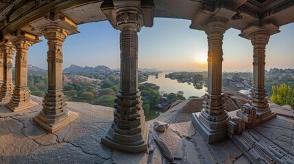 Stunning view at Sree Virupaksha Temple in Hampi on the banks of Tungabhadra River, UNESCO World Heritage Site, Karnataka, India. Indian tourism - obrazy, fototapety, plakaty