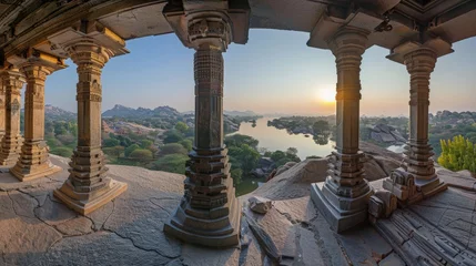 Fotobehang Stunning view at Sree Virupaksha Temple in Hampi on the banks of Tungabhadra River, UNESCO World Heritage Site, Karnataka, India. Indian tourism © peerawat