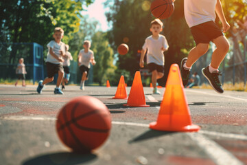 Group of Children on Basketball Outdoor Training. Kids running and Bouncing Balls On The Court. Children Have Fun Playing Sports - obrazy, fototapety, plakaty