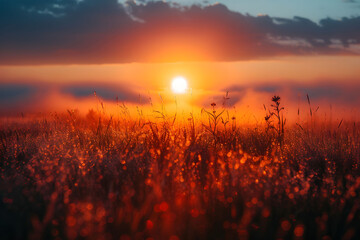 Radiant Sunrise and Dew-Kissed Meadow: A Serene Dawn Spectacle