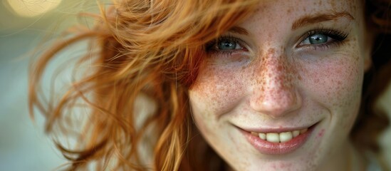 A detailed view of a female's face showing numerous freckles scattered across her skin - obrazy, fototapety, plakaty