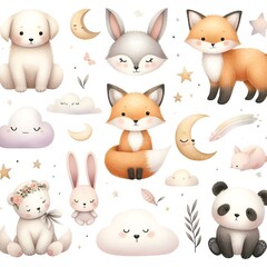 Obraz premium Cute baby animals in seamless pattern, watercolor style, illustration