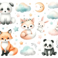 Cute baby animals in seamless pattern, watercolor style, illustration
