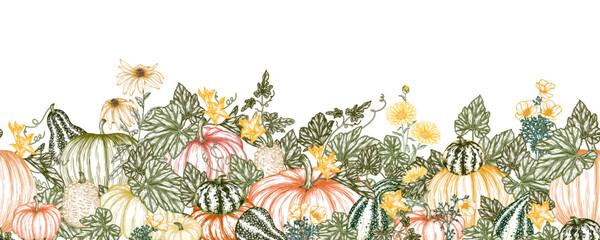 Seamless horizontal pattern of pumpkins and autumn flowers tile engraving
