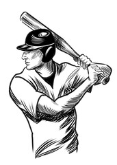 Baseball player. Hand drawn retro styled black and white drawing