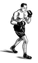 Boxing athlete. Hand drawn retro styled black and white drawing - 764672278