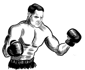 Boxing athlete. Hand drawn retro styled black and white drawing