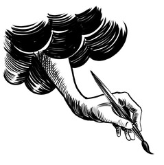Hand holding a painting brush. Hand drawn retro styled black and white drawing