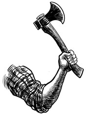 Hand holding axe. Hand drawn retro styled black and white drawing - 764672283