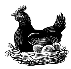 Hen with eggs in the nest. Hand drawn retro styled black and white drawing