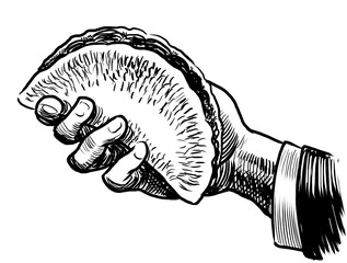 Hand holding a taco. Hand drawn retro styled black and white drawing