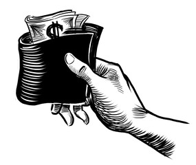 Hand holding a wallet. Hand drawn retro styled black and white drawing - 764672297