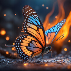 Beautiful butterfly with colorful wings, orange and blue dancing on coals in a flame. Close-up of butterfly against the background of flames