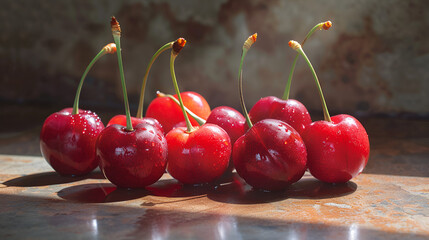 Red Delicious cherries, a lot of red ripe cherries close up with water drops, Macro image of cherries filling the entire frame. Generative Ai  - obrazy, fototapety, plakaty