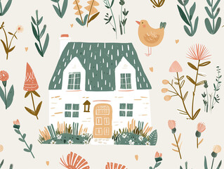 cute green house in cartoon style, flat illustration,