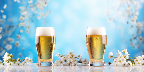 Two beer glasses with spring blossoms on a table with a blue background.