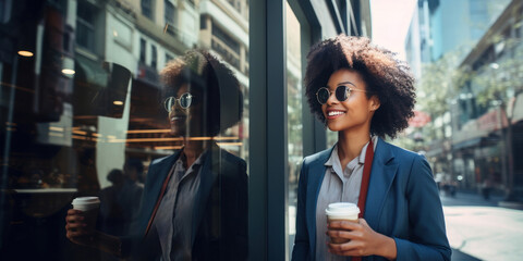 Beautiful African American woman holding a disposable cup of coffee while walking down the street.