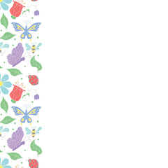 Spring floral frame with butterflies, bees and ladybugs. Seamless flowers background