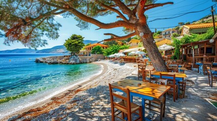 Samos island, Greece. Beautiful beach and tavern in scenic Kokkari village. popular tourist destination for summer holidays - obrazy, fototapety, plakaty