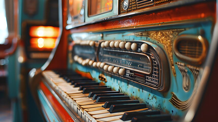 Retro jukebox turntable closeup, old-fashion party entertainment, music device - obrazy, fototapety, plakaty