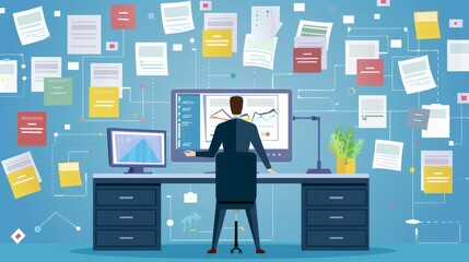 A businessman is using a computer to document management concepts, access an online documentation - obrazy, fototapety, plakaty