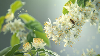 Bees pollinate flowers. Bees collect nectar. Bee flying around flowers. Green background.