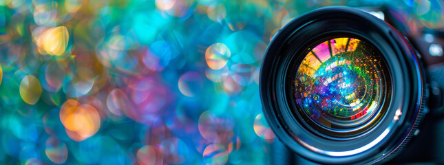 Closeup of Digital Camera Lens and Aperture with Colorful Bokeh Lights
