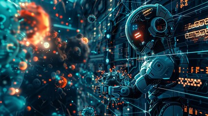 A fictional vision showing an abstract technological AI bot as a threat against human civilisation, communication is visible, abstract technological industry space background - obrazy, fototapety, plakaty
