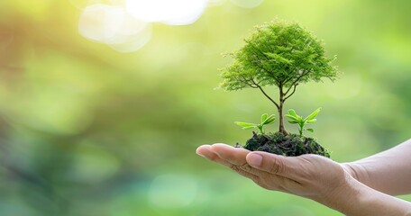 Hand Holding Tree on Blurred Green Background for Ecology Concept