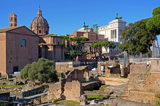 ROME, ITALY Roman ruins, excavations. Ruins of the roman Forum from the Palatine Hill