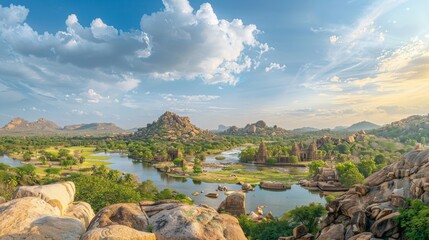 Stunning view at Sree Virupaksha Temple in Hampi on the banks of Tungabhadra River, UNESCO World Heritage Site, Karnataka, India. Indian tourism