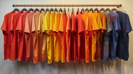 Gradation of colorful t-shirts displayed in a row, transitioning from warm to cool tones