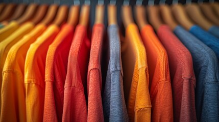 Gradation of colorful t-shirts displayed in a row, transitioning from warm to cool tones
