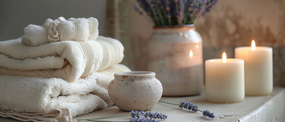 Elegant spa concept with rolled towels, candles, and lavender in vase