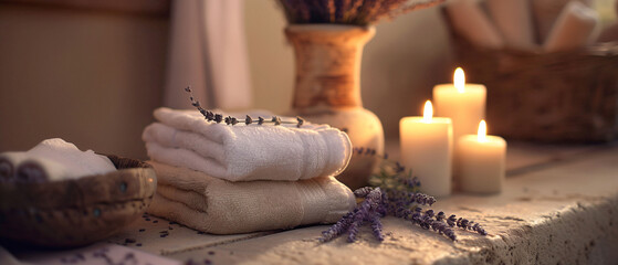 Serene spa ambiance with rolled towels, candles, and dried lavender
