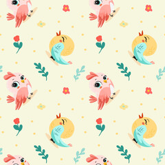 Spring birds pattern in bright color with big eyes. On light background for postcards, banners, backgrounds. Vector illustration.