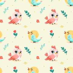 Spring birds pattern in bright color with big eyes. On light background for postcards, banners, backgrounds. Vector illustration.