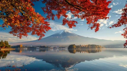 Schilderijen op glas The colorful autumn season and Mount Fuji with its morning mist and red leaves at Lake Kawaguchiko are among the best in Japan. © peerawat