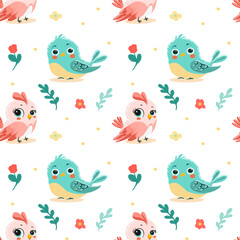 Spring birds pattern in bright color with big eyes. On light background for postcards, banners, backgrounds. Vector illustration.