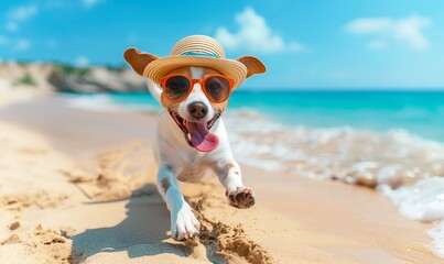 dog runs along the beach. Concept tourism, vacation.	 - obrazy, fototapety, plakaty