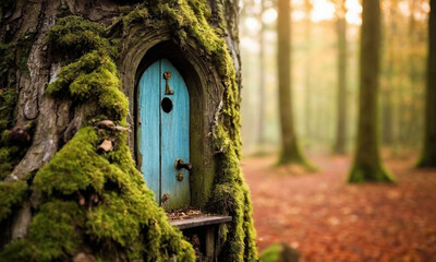 An enchanting forest scene with sunlight filtering through tall trees. A small wooden door with a round window and handle is embedded in the trunk of one of the trees.
