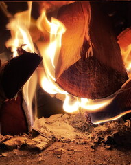 Blazing Firewood In A Fireplace, Close-Up View